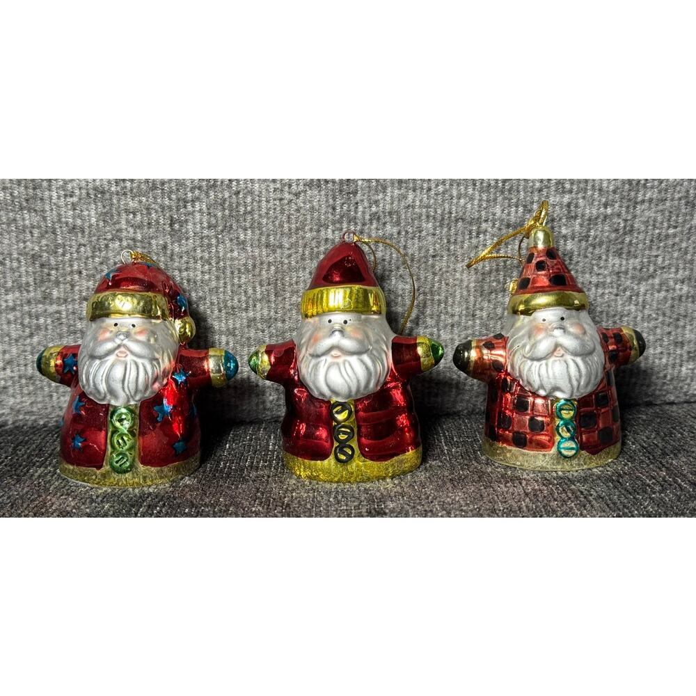Set of 3 Santa Painted Suit Ornaments - Gold Trim 3” Ceramic